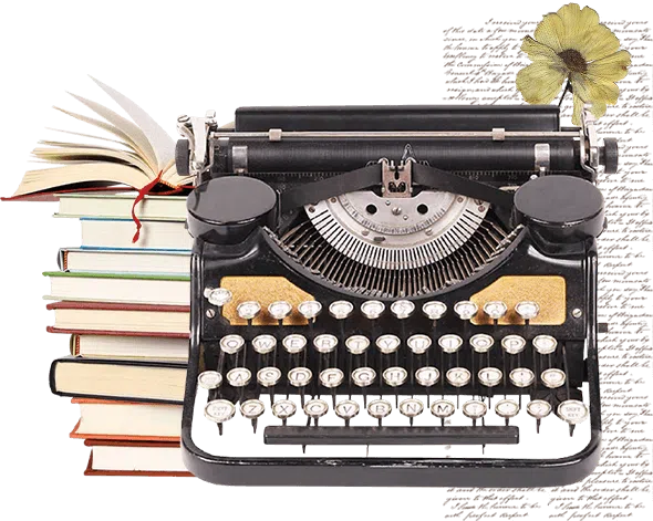 Vintage typewriter placed in front of stacked books